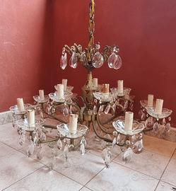 Lampadario Antico in Ottone e Cristallo 10 Luci