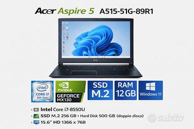 Acer Aspire 5  i7-8550U Ram 12  256 Gb Windows 11