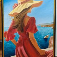 Quadro dipinto a mano paesaggio mare donna 70*50