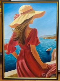 Quadro dipinto a mano paesaggio mare donna 70*50