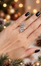 Anello regolabile, acciaio, forma foglie e zirconi