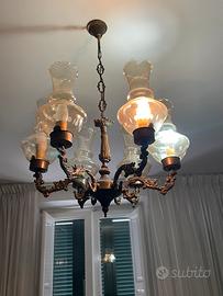 Lampadario vintage  6 luci in ottone con vetri dec