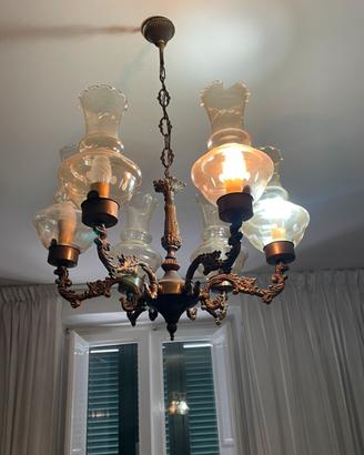 Lampadario vintage  6 luci in ottone con vetri dec