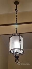 Set 3 Lampadari Vintage in Ottone e Vetro Inciso