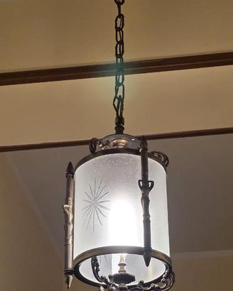 Set 3 Lampadari Vintage in Ottone e Vetro Inciso