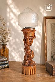 Lampada da tavolo scultura vintage legno vetro