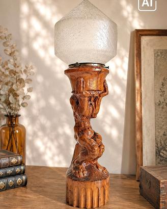 Lampada da tavolo scultura vintage legno vetro