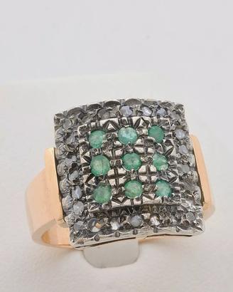 ANELLO VINTAGE ORO 12KT SMERALDI 0.36 CT DIAMANTI