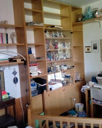 Libreria in legno con vetrina.