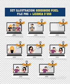 Set 8 illustrazioni computer KARAOKE con persone