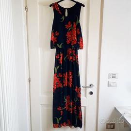 Vestito lungo blu con stampa a fiori rossi S/M