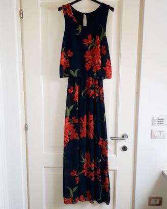 Vestito lungo blu con stampa a fiori rossi S/M