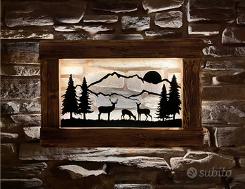 Quadro Legno Rustico Retroilluminato a Led Cervi