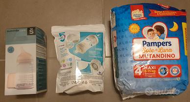 Due biberon chicco e pannolini pampers nuovi 