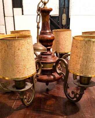 Lampadario vintage 6 luci legno/metallo anni ’80