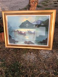 Quadro olio su tela Montagne, mare e pescatori