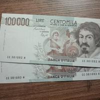 lire 100.000 Caravaggio lotto 2 baanconote