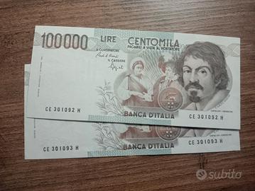 lire 100.000 Caravaggio lotto 2 baanconote