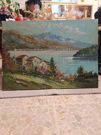 Quadro Olio su Tela Paesaggio Lago Montagne 71x50 