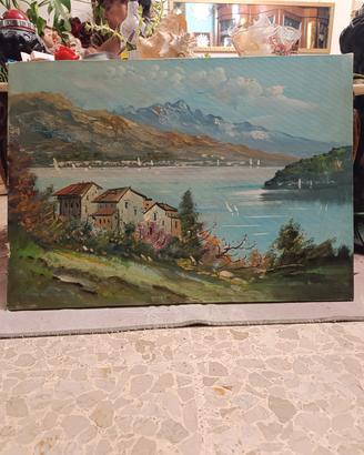Quadro Olio su Tela Paesaggio Lago Montagne 71x50 
