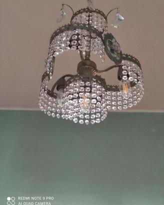 Lampadario a cesto in cristallo e ottone