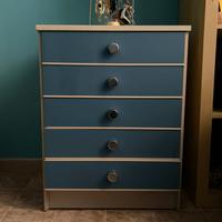 Mobile vintage in legno beige con dettagli azzurri