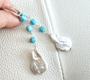 Orecchini in argento 925, turchese, perle naturali