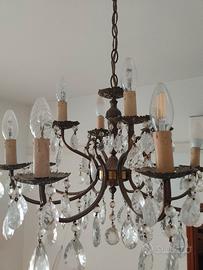 Lampadario Vintage a 12 Bracci in Ottone e Vetro