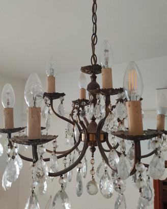 Lampadario Vintage a 12 Bracci in Ottone e Vetro