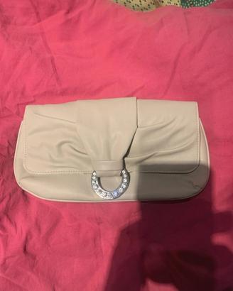 Borsa pochette strass e catenella beige