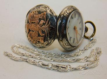 Stupendo orologio collo signora argento e oro 1800