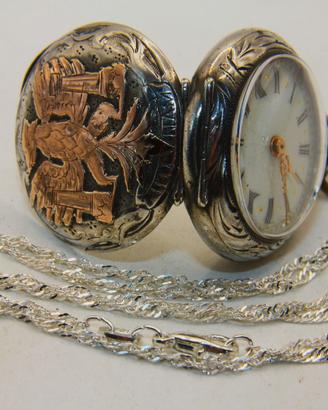 Stupendo orologio collo signora argento e oro 1800