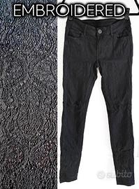 Skinny Jeans Leggeri Vita Bassa Ricamati Nero