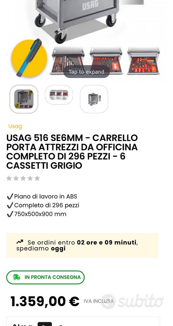 Usag 516 SE6MM - Carrello porta attrezzi da officina completo di 296 pezzi  - 6 cassetti grigio