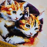 Acquarello gatti gattini  con passepartout