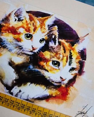 Acquarello gatti gattini  con passepartout