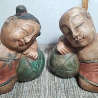 coppia Statuette bambini in legno sumo