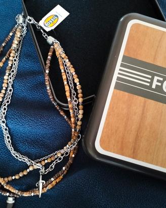 collier Fossil acciaio , pietre e legno