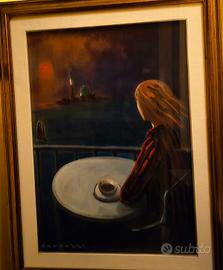 QUADRO ELIANO FANTUZZI  "DONNA AL BAR SULLA LAGUNA