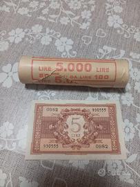 Banconota 5 lire 1944 + rotolino 100 lire 1980