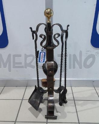 SET ATTREZZI CAMINO CON SUPPORTO FERRO BATTUTO POM