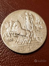 1 LIRA ARGENTO 1908 NC Vittorio Emanuele  III