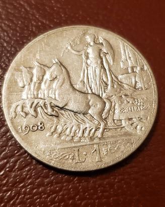 1 LIRA ARGENTO 1908 NC Vittorio Emanuele  III