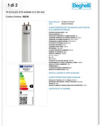25pz Lampada beghelli 56230 led 60cm 840 9watt T8