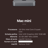 Mac Mini 2018 Intel Core i3 quad-core 3,6GHz