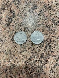 Monete antiche delfino 5 lire del 1953 e del 1954