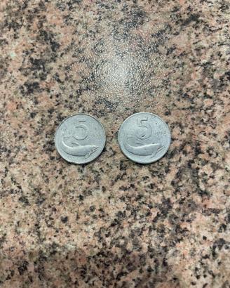 Monete antiche delfino 5 lire del 1953 e del 1954