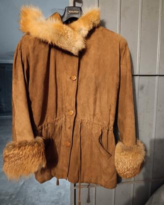 giacca parka in camoscio con pelliccia 