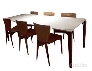 Set tavolo e 6 sedie in marmo legno e cuoio