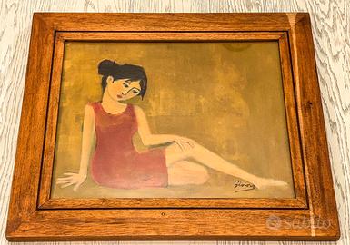 Quadro cornice legno donna con vestito rosso